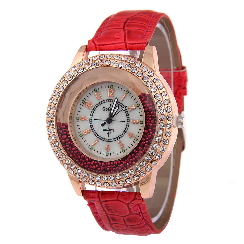 Fashion set rhinestone quicksand turn bead round quartz ladies leather strap watch
