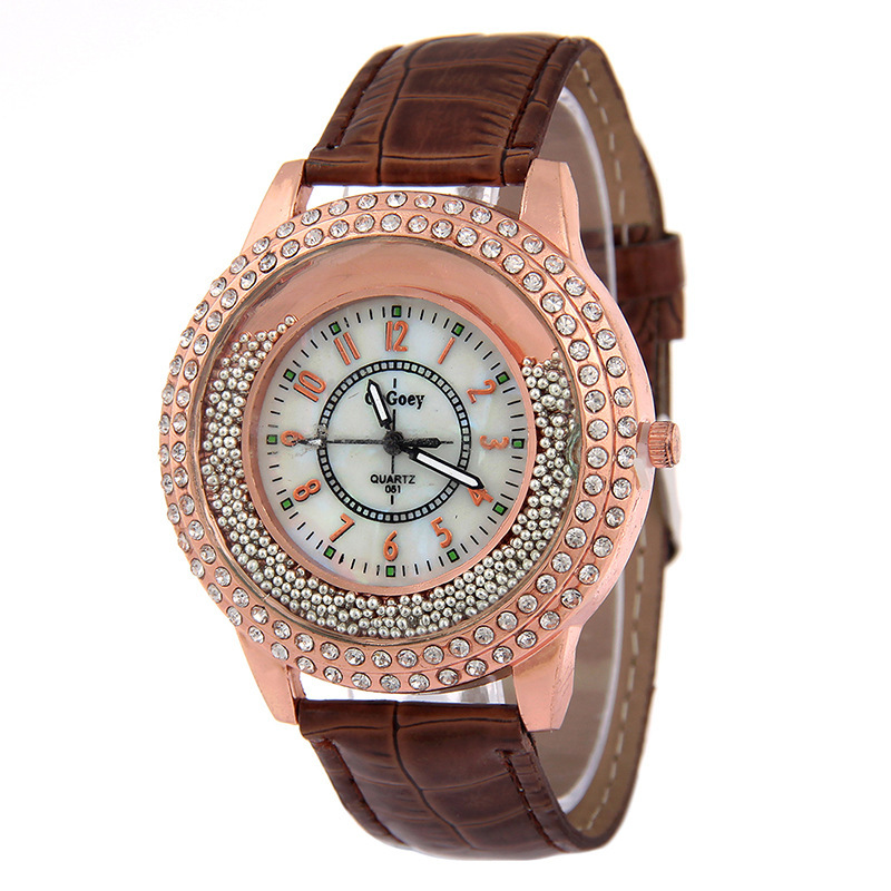 Fashion set rhinestone quicksand turn bead round quartz ladies leather strap watch