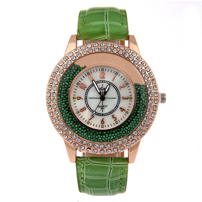 Fashion set rhinestone quicksand turn bead round quartz ladies leather strap watch