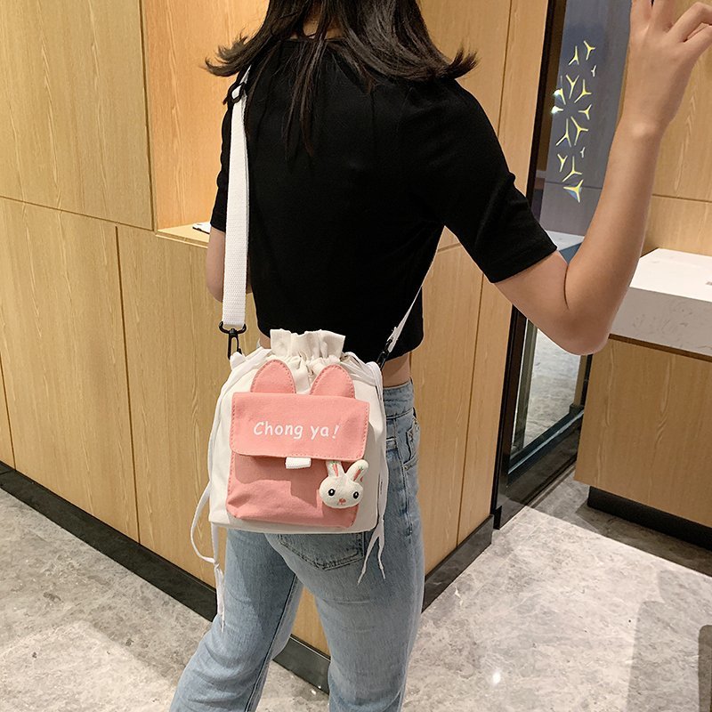 Cross border foreign trade canvas bucket bag women's bag Korean fashion sweet color contrast