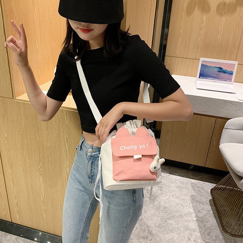Cross border foreign trade canvas bucket bag women's bag Korean fashion sweet color contrast