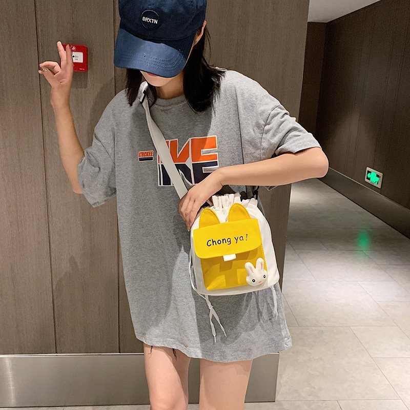 Cross border foreign trade canvas bucket bag women's bag Korean fashion sweet color contrast