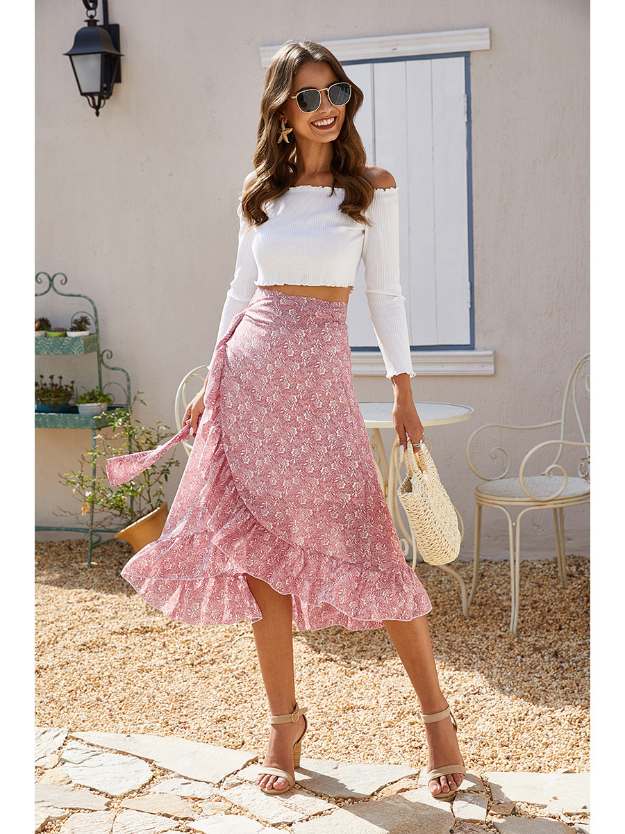 2021 summer irregular printing slashed floral chiffon skirts fashion women&apos;s bandage