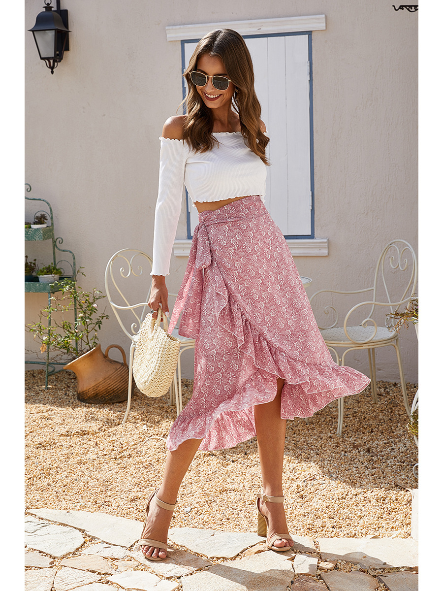 2021 summer irregular printing slashed floral chiffon skirts fashion women&apos;s bandage