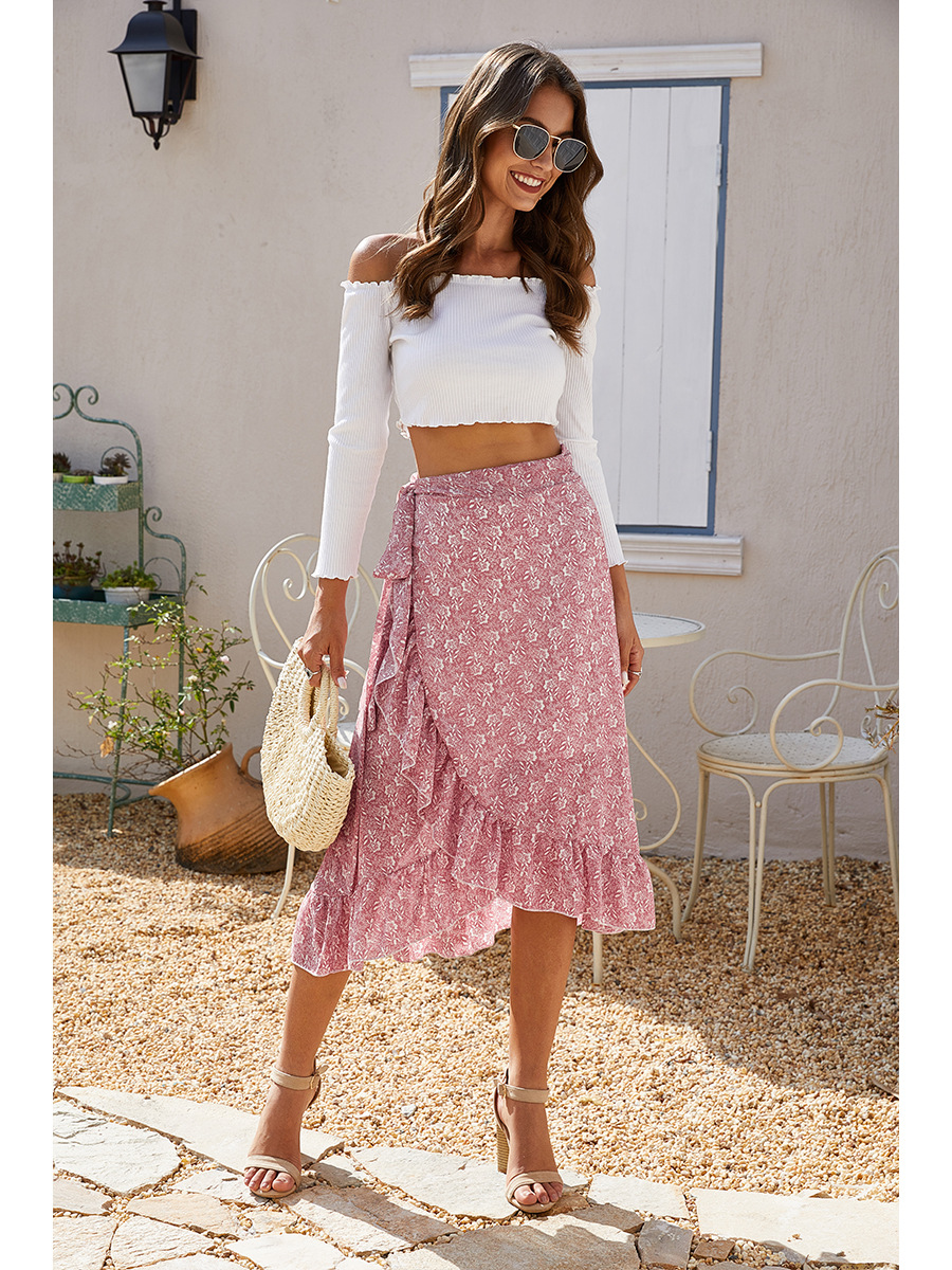 2021 summer irregular printing slashed floral chiffon skirts fashion women&apos;s bandage