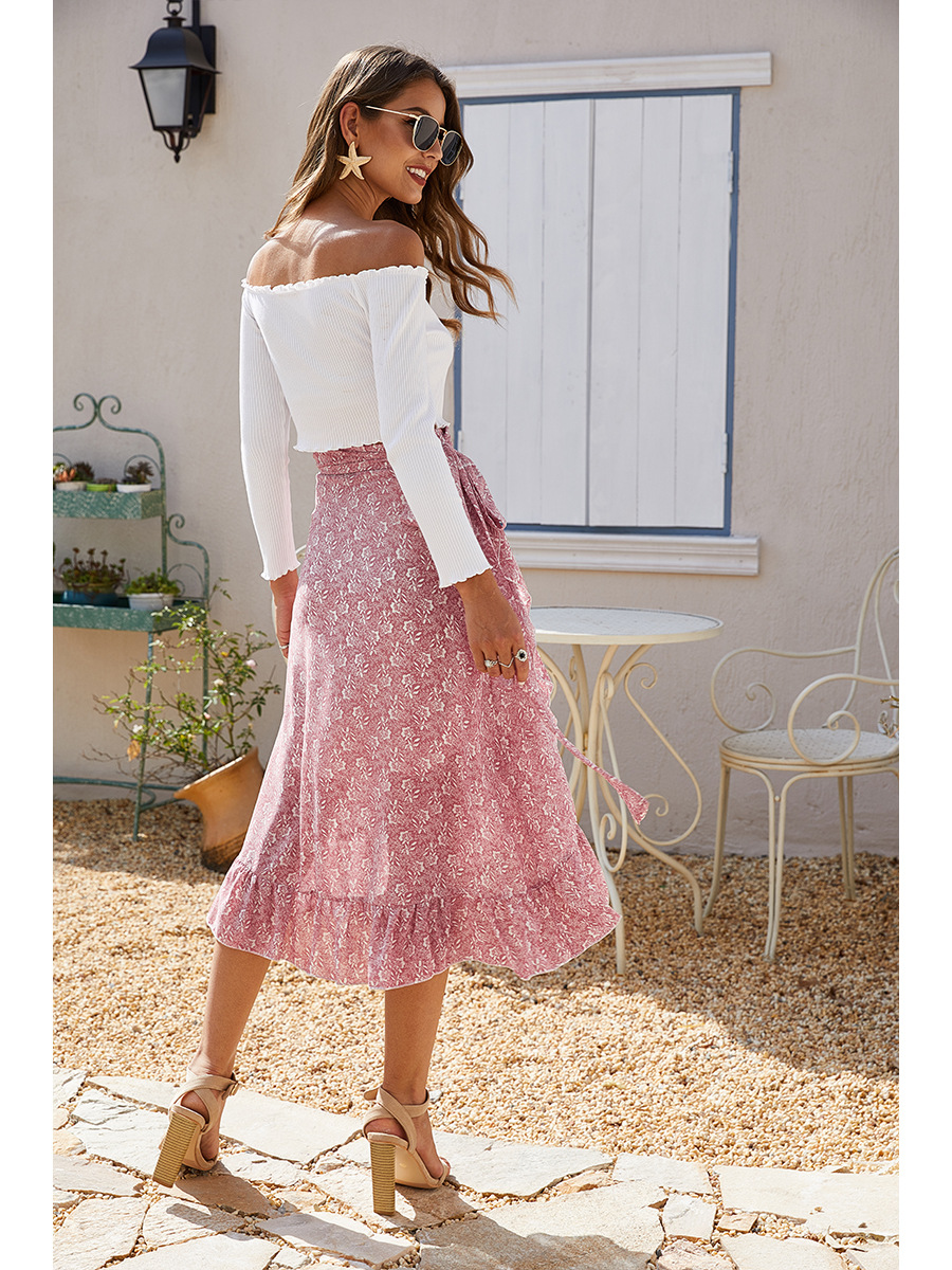 2021 summer irregular printing slashed floral chiffon skirts fashion women&apos;s bandage