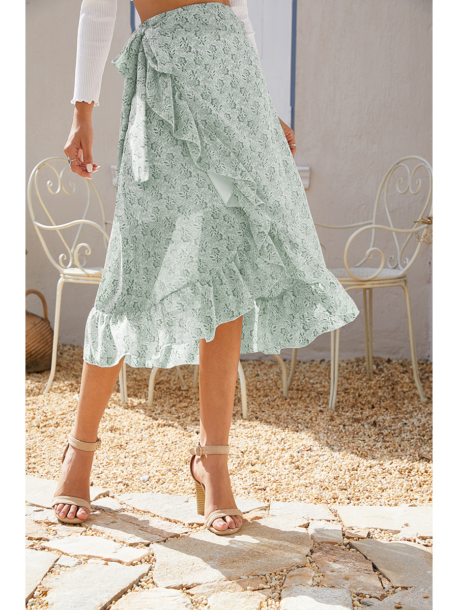 2021 summer irregular printing slashed floral chiffon skirts fashion women&apos;s bandage