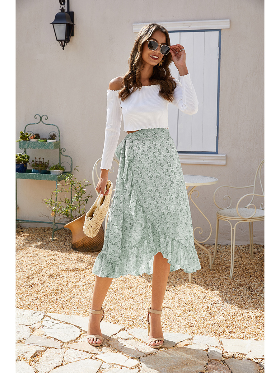 2021 summer irregular printing slashed floral chiffon skirts fashion women&apos;s bandage