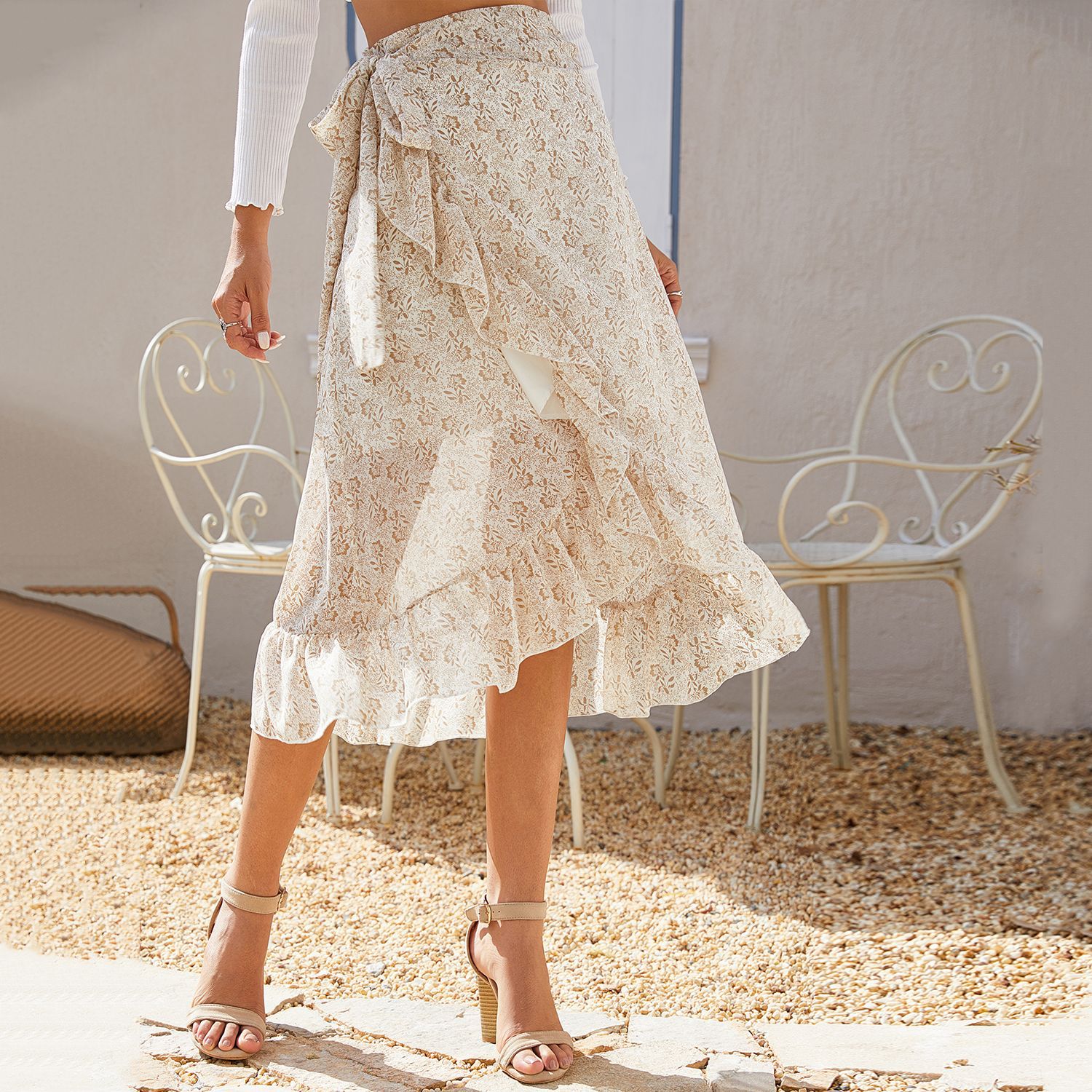 2021 summer irregular printing slashed floral chiffon skirts fashion women&apos;s bandage