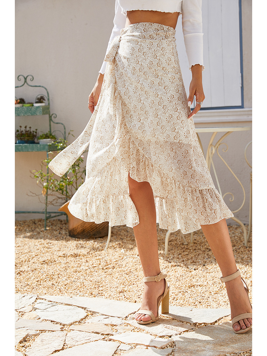 2021 summer irregular printing slashed floral chiffon skirts fashion women&apos;s bandage