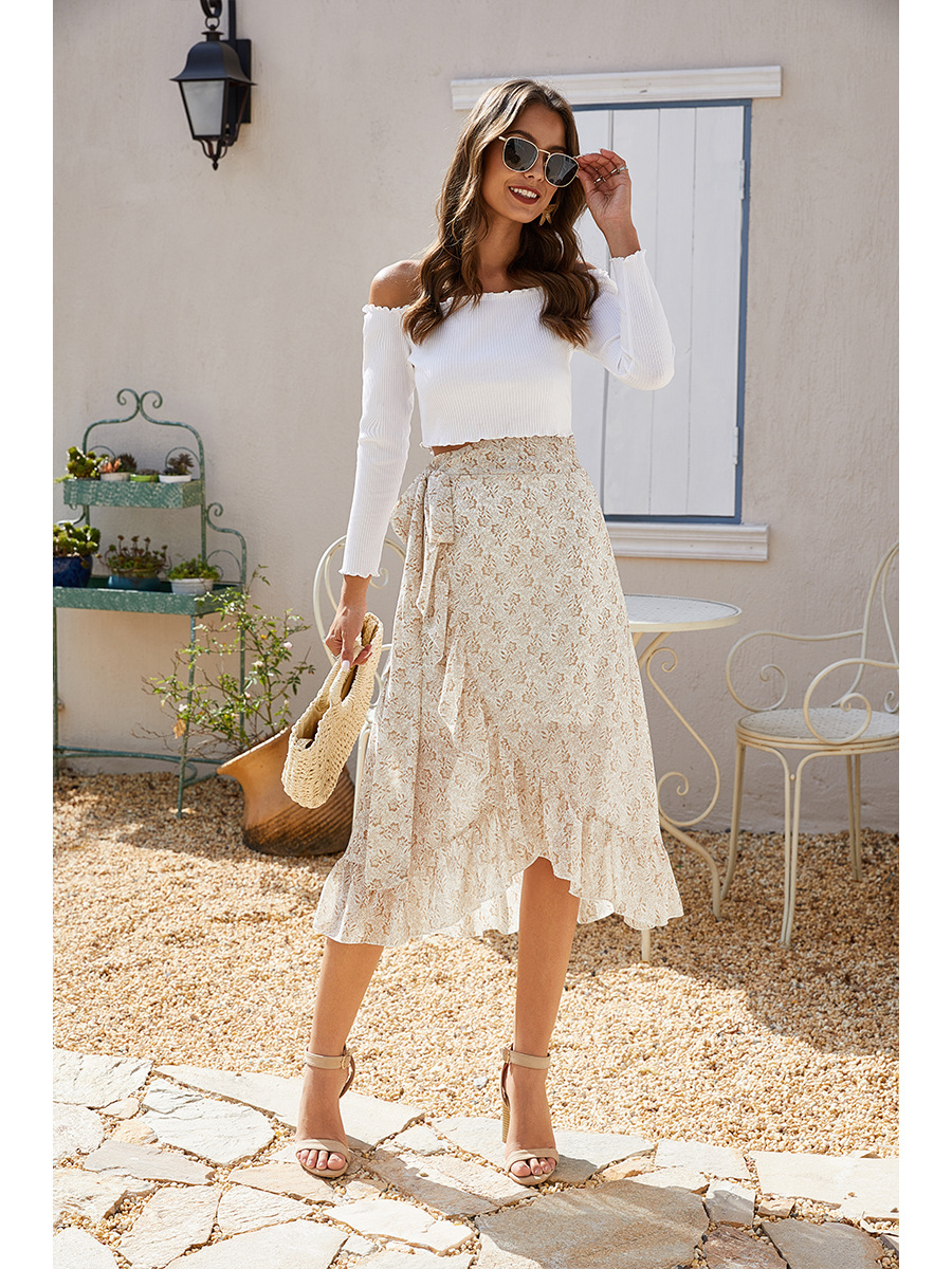 2021 summer irregular printing slashed floral chiffon skirts fashion women&apos;s bandage