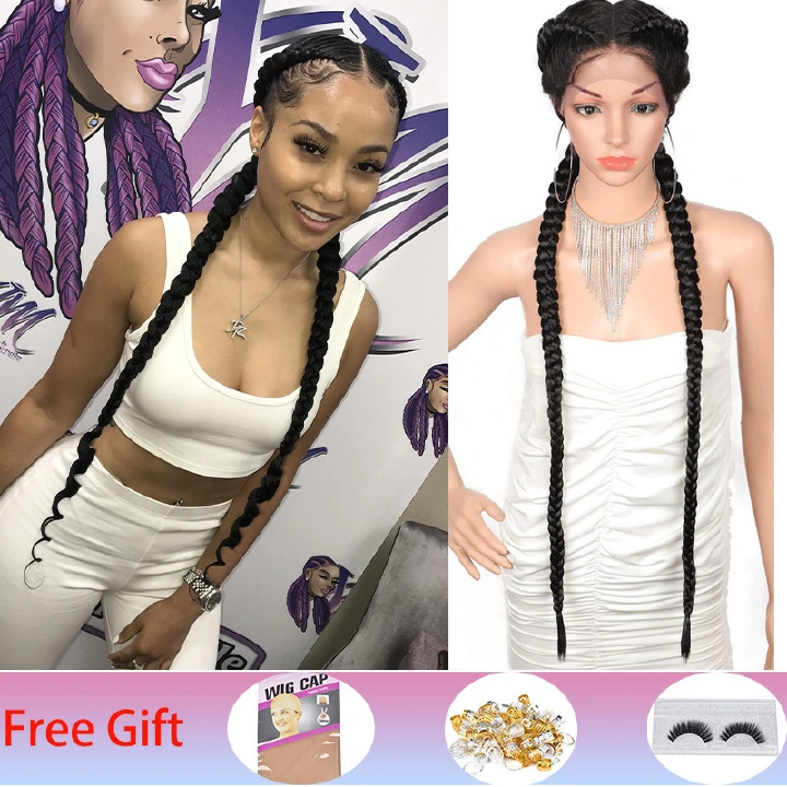 36 Inches Brown Extral Long Hand Braided Straight Lace Front Wig 2 Dutch Cornrow Box Braided Twisted Braided Wigs With Baby Hair Heat Resistant