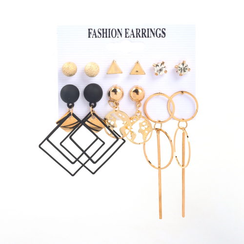 New fashion beautiful 6pcs/set diamond earrings black punk exaggerated earrings pearl earrings golden triangle earrings kilimall amazon hot selling gift for women as picture