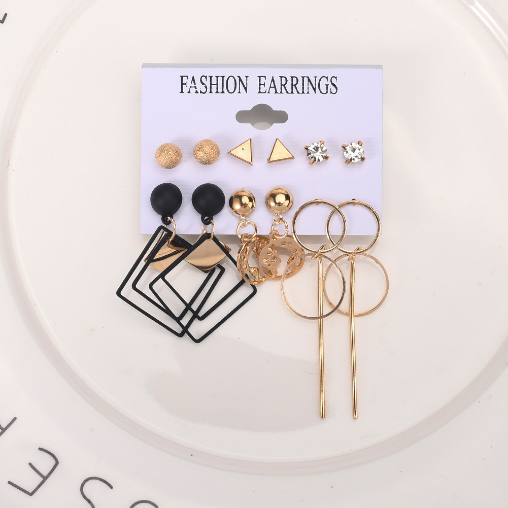 New fashion beautiful 6pcs/set diamond earrings black punk exaggerated earrings pearl earrings golden triangle earrings kilimall amazon hot selling gift for women as picture