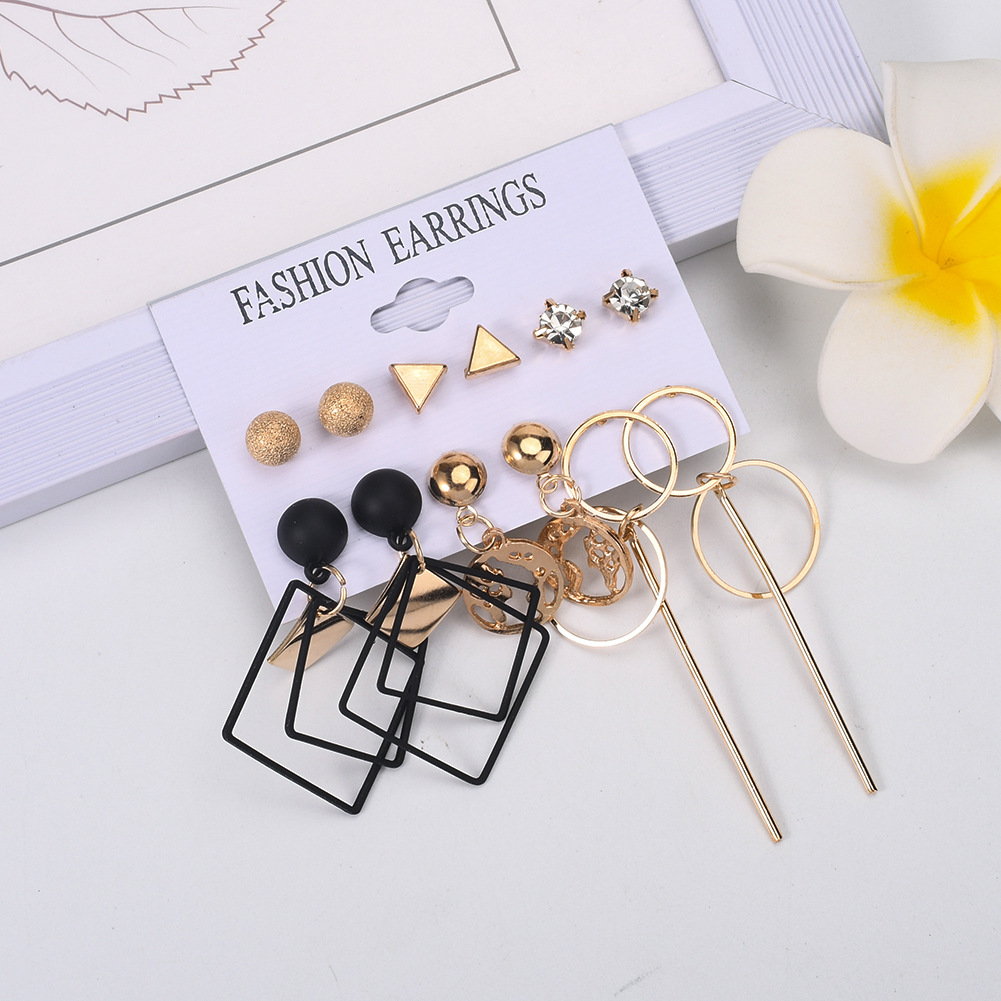 New fashion beautiful 6pcs/set diamond earrings black punk exaggerated earrings pearl earrings golden triangle earrings kilimall amazon hot selling gift for women as picture