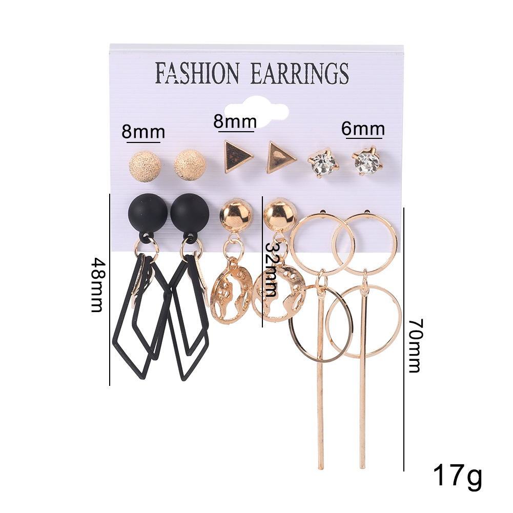 New fashion beautiful 6pcs/set diamond earrings black punk exaggerated earrings pearl earrings golden triangle earrings kilimall amazon hot selling gift for women as picture