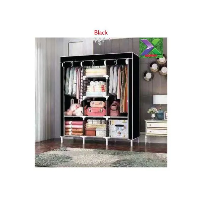 Generic 3 Columns Portable Wooden Wardrobe-Black