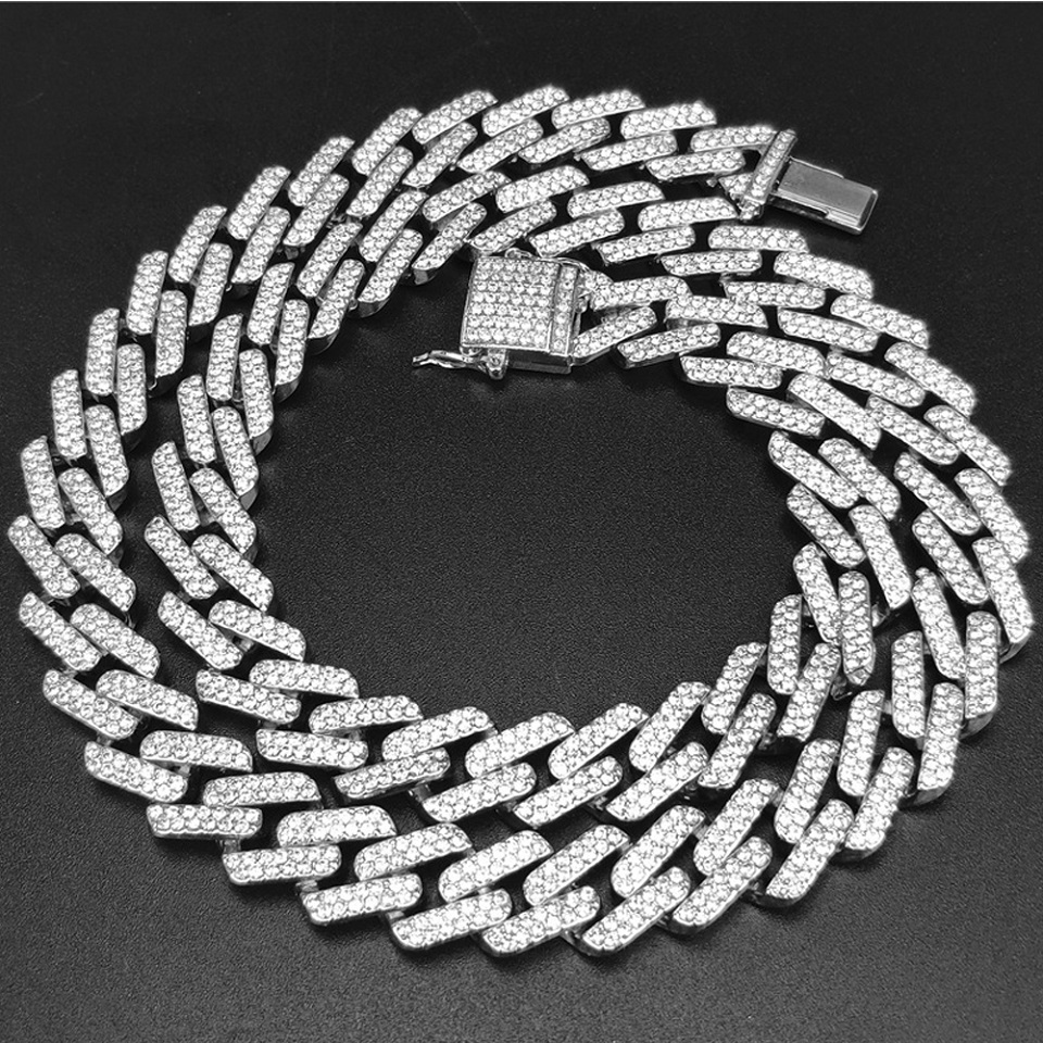 Luxury High Quality  Iced Out 15mm Miami Cuban Link Chain Necklace Bracelet Rhinestone Bling Hip Hop