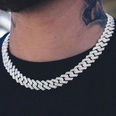 Luxury High Quality  Iced Out 15mm Miami Cuban Link Chain Necklace Bracelet Rhinestone Bling Hip Hop Silver 18 Inch