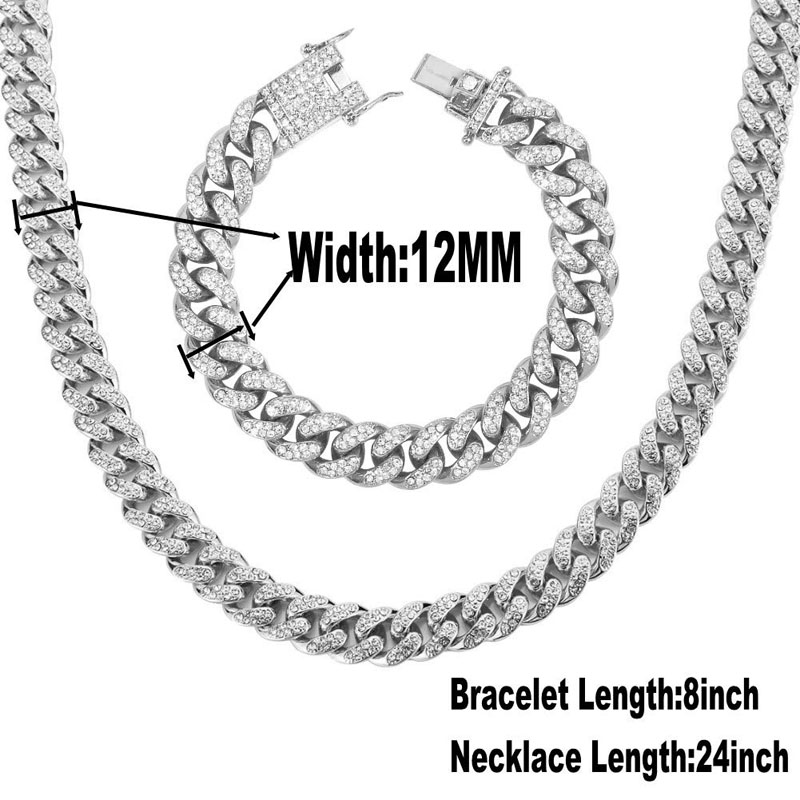 Gold Hip Hop Miami Curb Cuban Chain Iced Out Paved Rhinestones CZ Bling Rapper Silver Necklace +Watch+Bracelet Jewelry For Men
