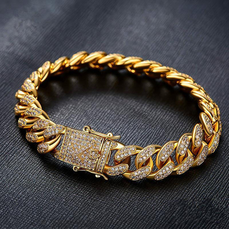 Gold Hip Hop Miami Curb Cuban Chain Iced Out Paved Rhinestones CZ Bling Rapper Silver Necklace +Watch+Bracelet Jewelry For Men