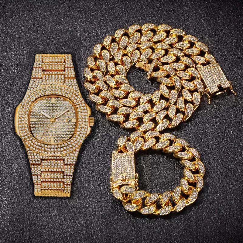 Gold Hip Hop Miami Curb Cuban Chain Iced Out Paved Rhinestones CZ Bling Rapper Silver Necklace +Watch+Bracelet Jewelry For Men