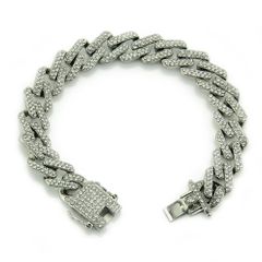 Luxury High Quality  Iced Out 15mm Miami Cuban Link Chain Necklace Bracelet Rhinestone Bling Hip Hop Silver 8 inch Bracelet