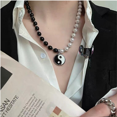 Yin Yang Tai Chi Pendant Black White Pearl Necklace Fashion Punk Color Contrast Splicing Choker Necklace for Women Men Couples One Set Tai Chi