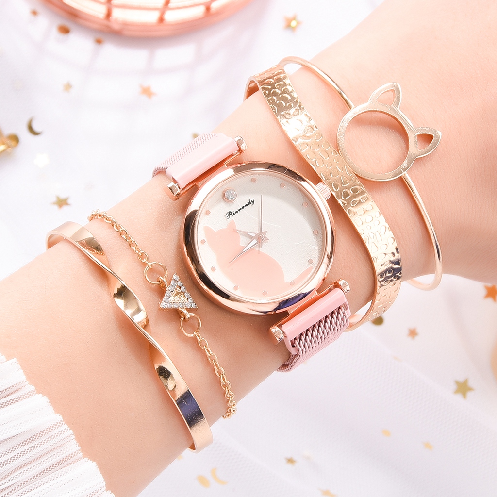 5pcs/set Women Watches Rose Gold Bracelet Set Cat Pattern Black Magnet Watch Ladies Bracelet Wrist Watches Luxury Quartz Clock