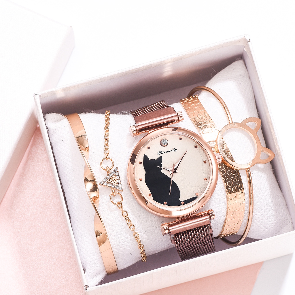 5pcs/set Women Watches Rose Gold Bracelet Set Cat Pattern Black Magnet Watch Ladies Bracelet Wrist Watches Luxury Quartz Clock