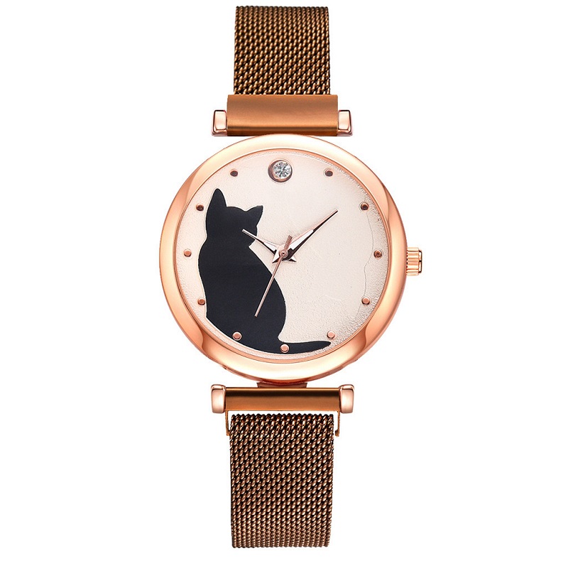 5pcs/set Women Watches Rose Gold Bracelet Set Cat Pattern Black Magnet Watch Ladies Bracelet Wrist Watches Luxury Quartz Clock