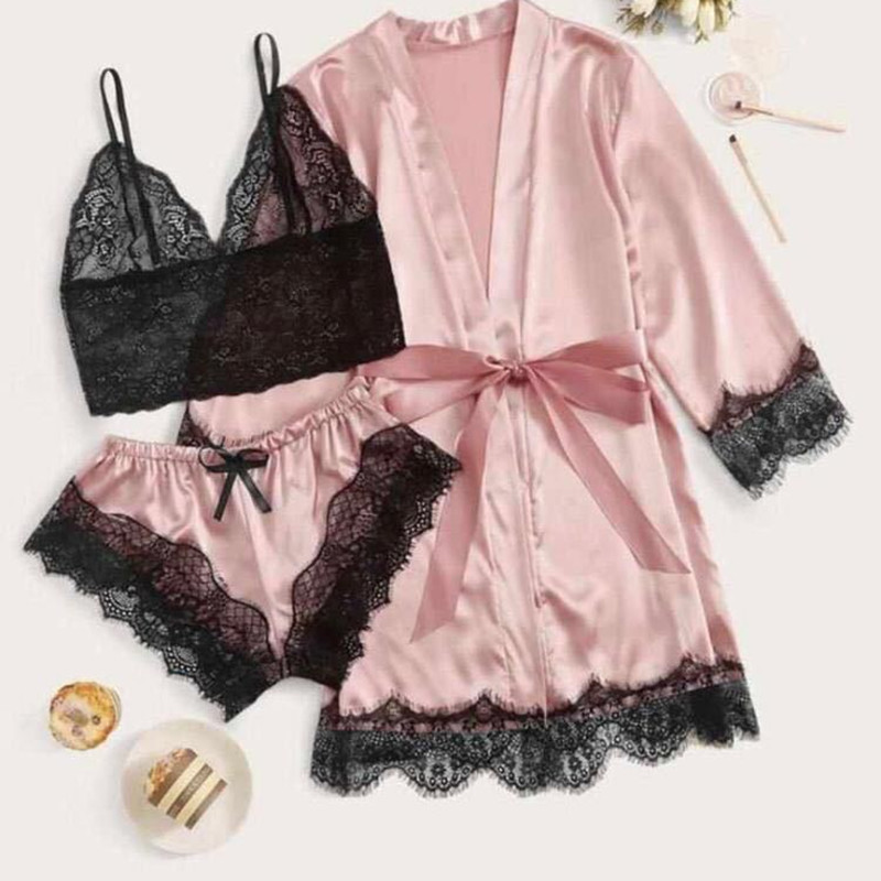 2024  Women's Pajamas Satin The Big Size Long Sleeve Womens Pajamas  Lace Lingerie Nightwear Underwear Sleepwear 3PC Suit Pajama Sets  Nightgown Underwear Nightdress Suit