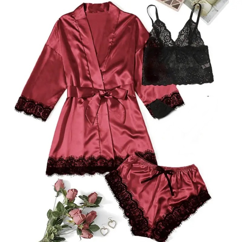 2024  Women's Pajamas Satin The Big Size Long Sleeve Womens Pajamas  Lace Lingerie Nightwear Underwear Sleepwear 3PC Suit Pajama Sets  Nightgown Underwear Nightdress Suit