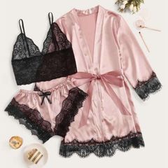 2023 Sexy Women's Pajamas Satin The Big Size Long Sleeve Womens Pajamas Sexy Lace Lingerie Nightwear Underwear Sleepwear 3PC Suit Pajama Sets  Nightgown Underwear Nightdress Suit M (45~60kg) Pink