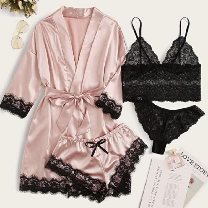 2024  Women's Pajamas Satin The Big Size Long Sleeve Womens Pajamas  Lace Lingerie Nightwear Underwear Sleepwear 3PC Suit Pajama Sets  Nightgown Underwear Nightdress Suit