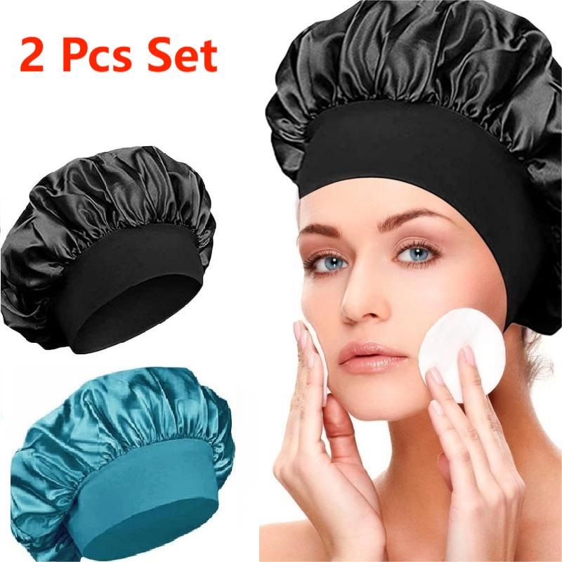 2PCS Set Women  Satin Headscarf Hat Sleeping BonnetCurly Hair Wrap Silk Cap Night Sleep Hair Caps Silky Bonnet Satin Adjust Head Cover Hat For Curly Springy Hair Styling Accessories B2 Pcs Set (Black+Blue)