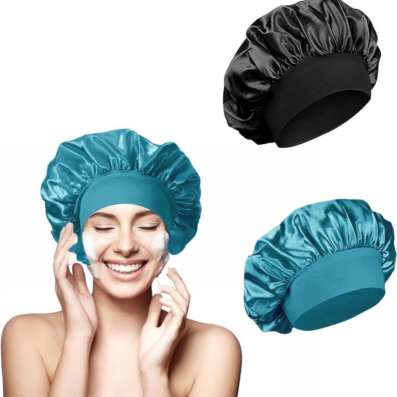 2PCS Set Women  Satin Headscarf Hat Sleeping BonnetCurly Hair Wrap Silk Cap Night Sleep Hair Caps Silky Bonnet Satin Adjust Head Cover Hat For Curly Springy Hair Styling Accessories B