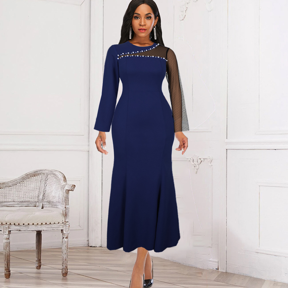 AOMEI Women Long Dress Bodycon Party Sexy Mesh Patchwork with Beading Slim Prom New Sheath Event Lady African Autumn Night Out Gowns Navy Blue