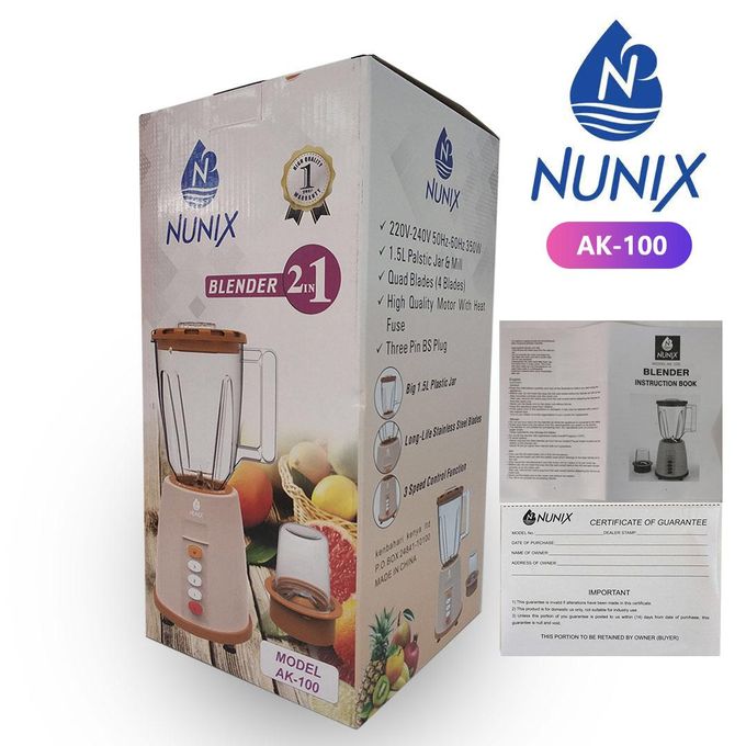 Nunix AK-100, 2 In 1 Blender With Grinding Machine, 1.5L With User Guide