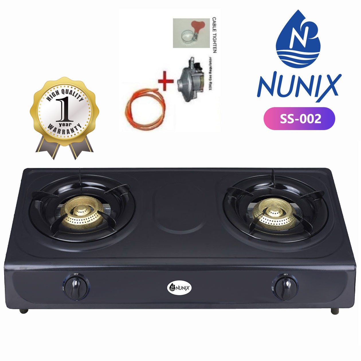 Nunix SS Model Two Burners Table Top Gas Cooker Stainless Steel + FREE 6kg Regulator,1.5M Pipe,TIghtener