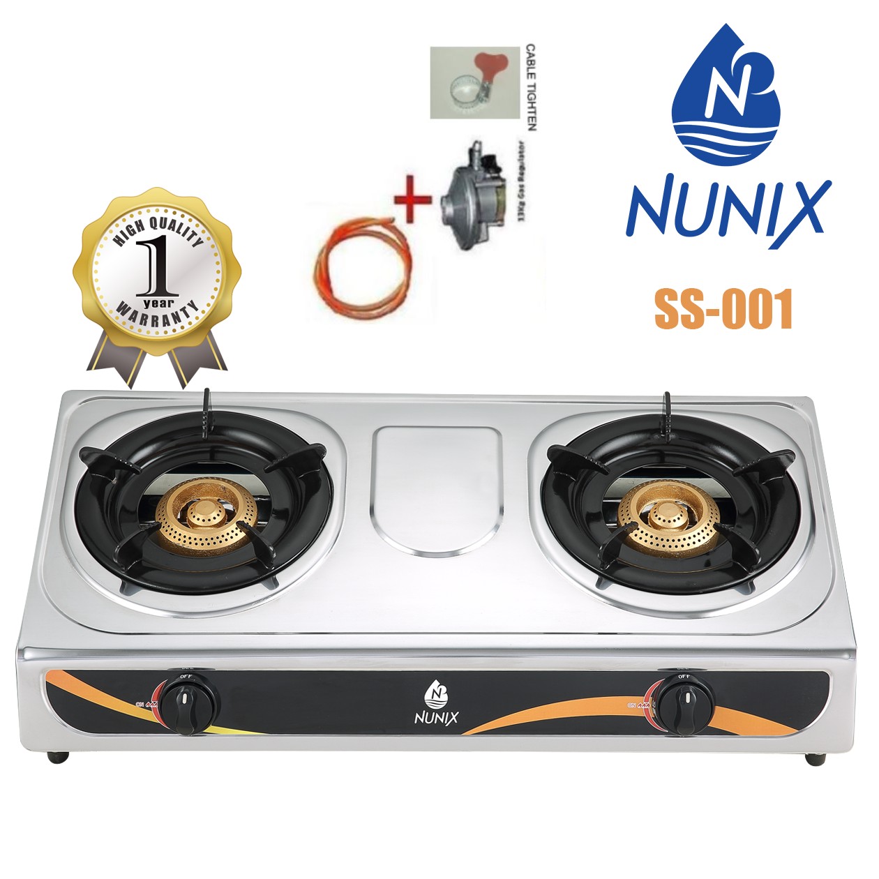 Nunix SS Model Two Burners Table Top Gas Cooker Stainless Steel + FREE 6kg Regulator,1.5M Pipe,TIghtener