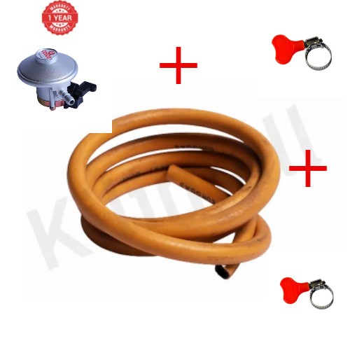 Gas Regulator + 1.5 Metre Gas Delivery Pipe + Gas Tightener Clips