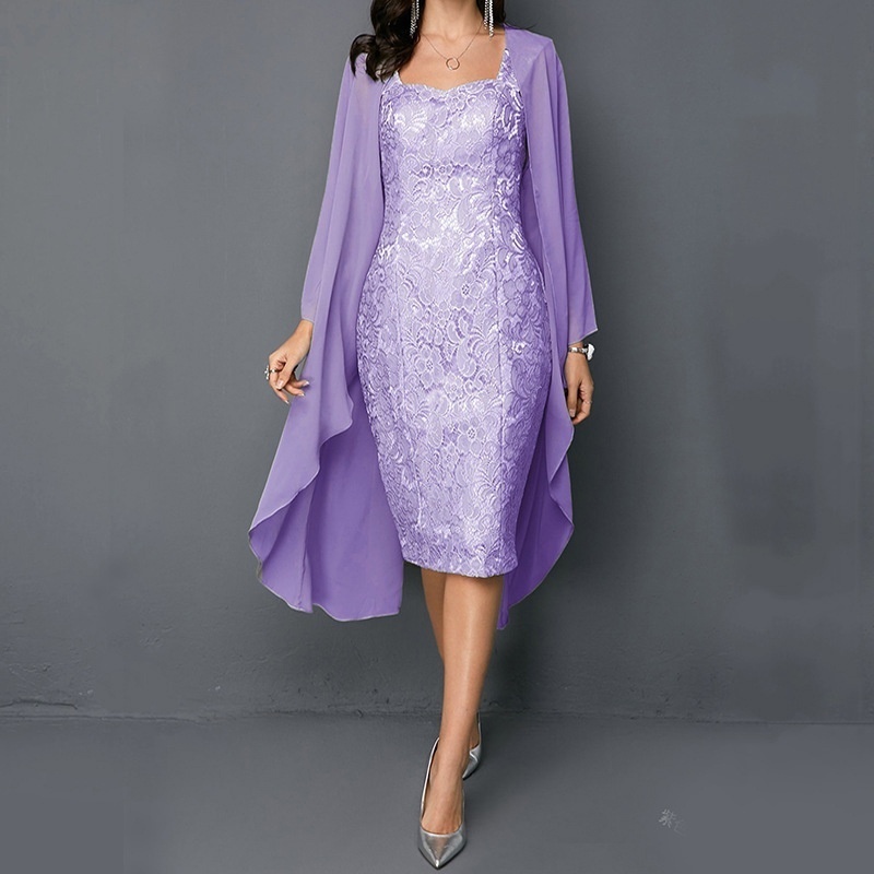Knee length ladies, solid lace two evening dresses, plus size long sleeves