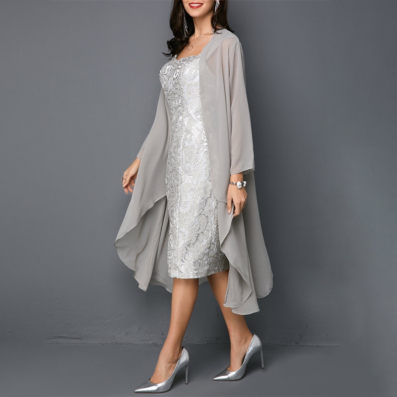 Knee length ladies, solid lace two evening dresses, plus size long sleeves