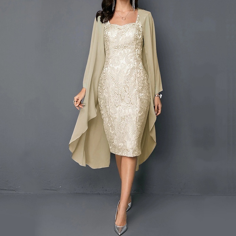Knee length ladies, solid lace two evening dresses, plus size long sleeves