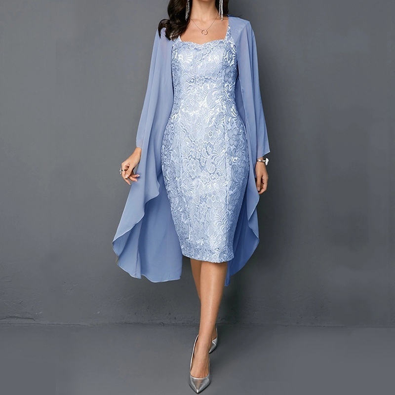 Knee length ladies, solid lace two evening dresses, plus size long sleeves