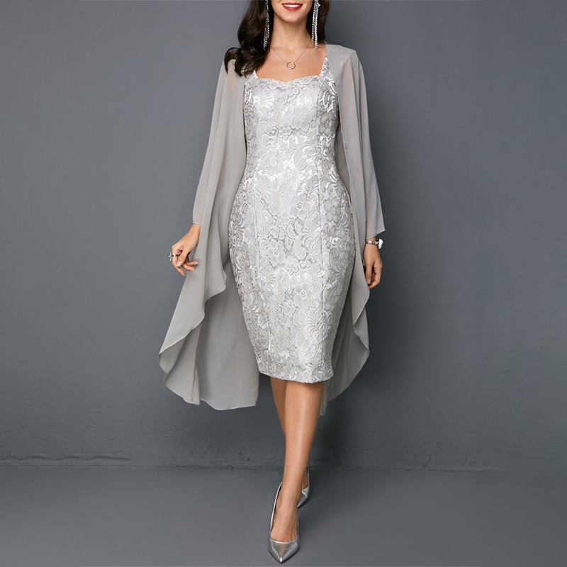 Knee length ladies, solid lace two evening dresses, plus size long sleeves