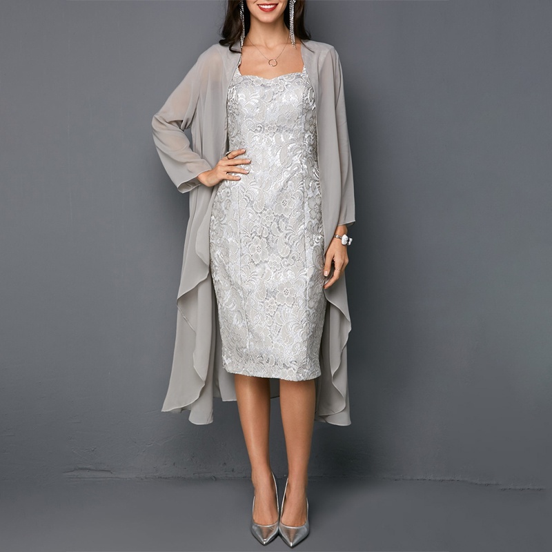 Knee length ladies, solid lace two evening dresses, plus size long sleeves