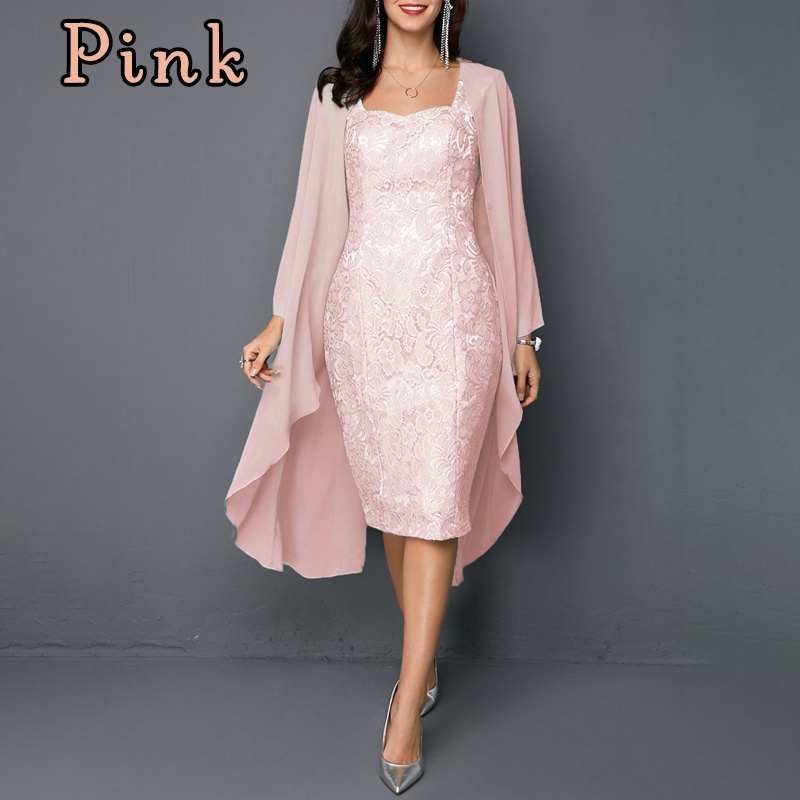 Knee length ladies, solid lace two evening dresses, plus size long sleeves