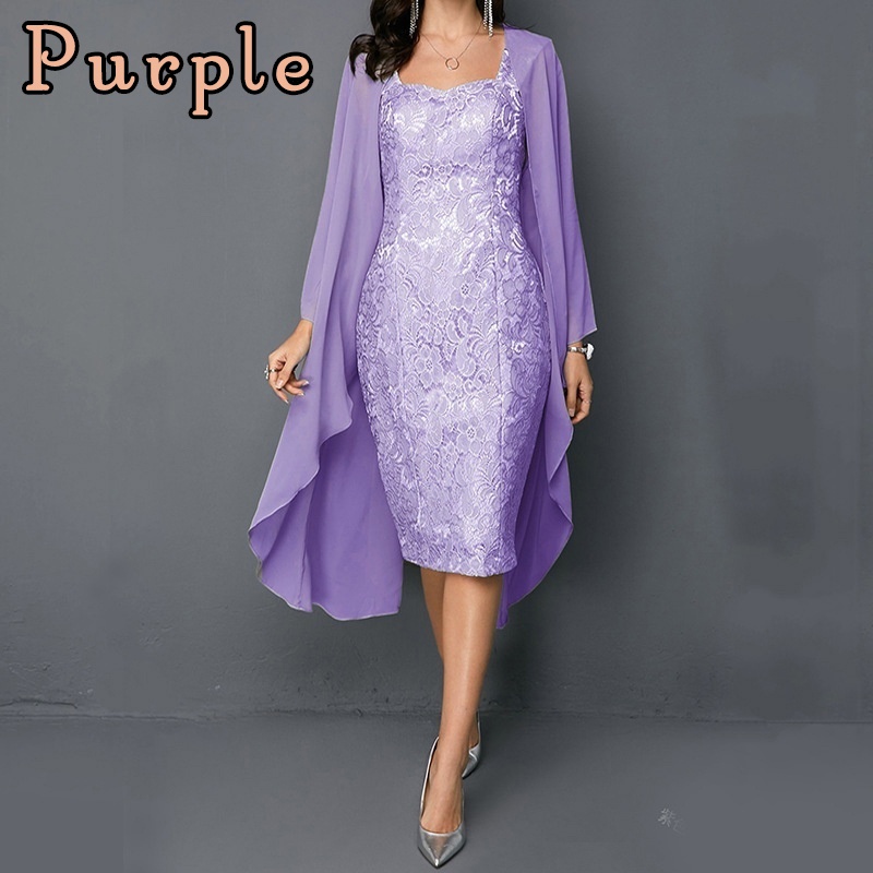 Knee length ladies, solid lace two evening dresses, plus size long sleeves